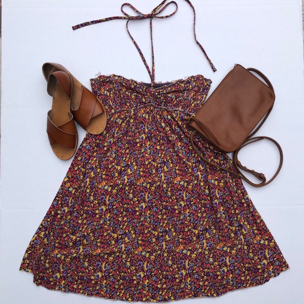 Free People Floral Halter Tie Neck Smocked Dress